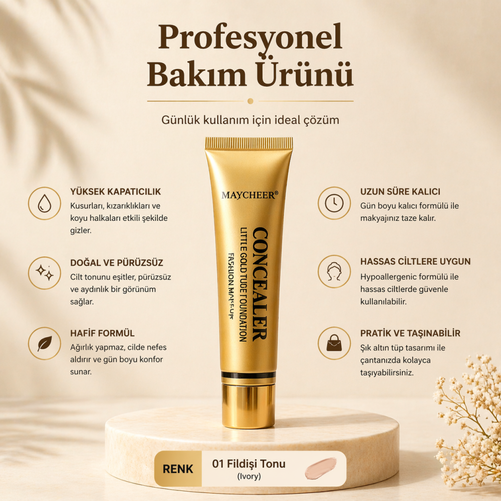 MAYCHEER  Little Gold Tube Concealer – Yüksek Kapatıcılık Fondöten Kapatıcı 30g – Suya Dayanıklı, Uzun Kalıcı ( 1 )