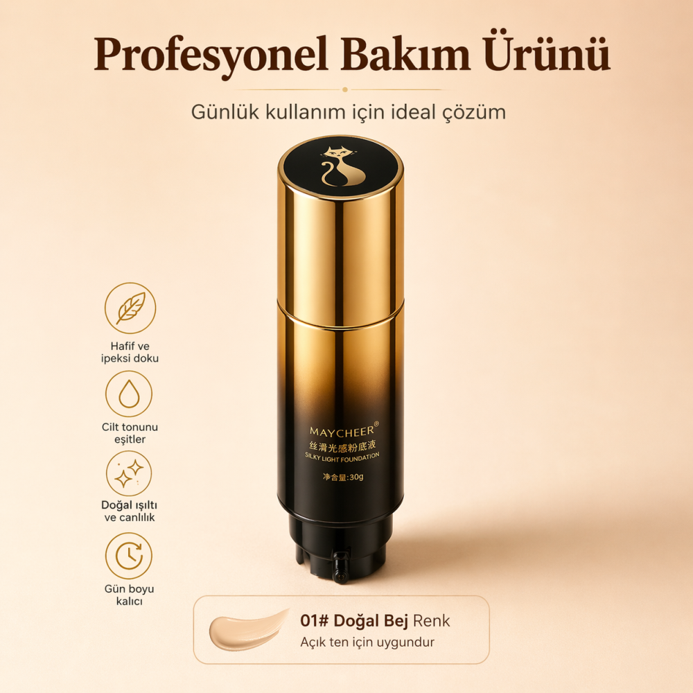 MAYCHEER Likit Fondöten – Uzun Süre Kalıcı, Doğal Kapatıcı Etki, Işıltılı Finish, Pompalı Şık Tasarım – 30g