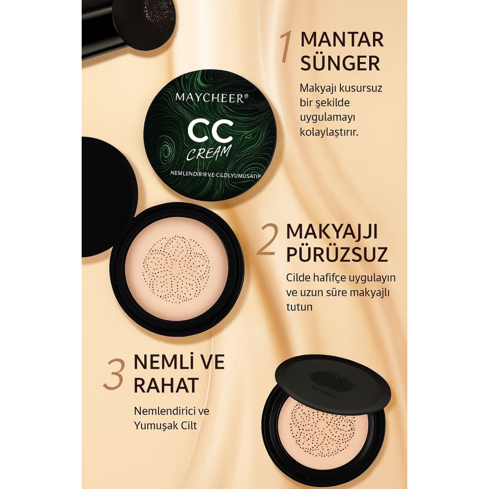 MAYCHEER Nemlendirici Kapatıcı CC Krem – Pürüzsüzleştirici, Cilt Tonu Eşitleyici, Uzun Süre Kalıcı CC Cushion